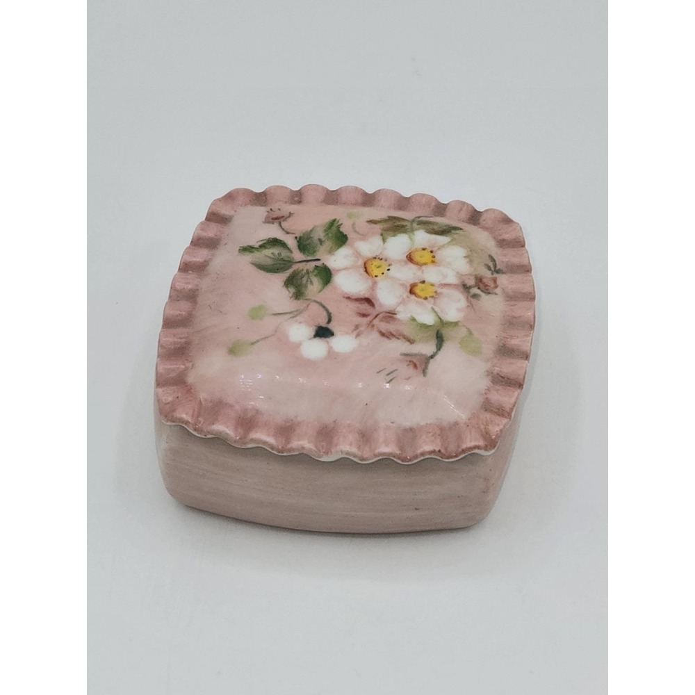 Rosemary Porcelain Trinket Box Hand Painted Floral Pink Square Lidded Dish 1983